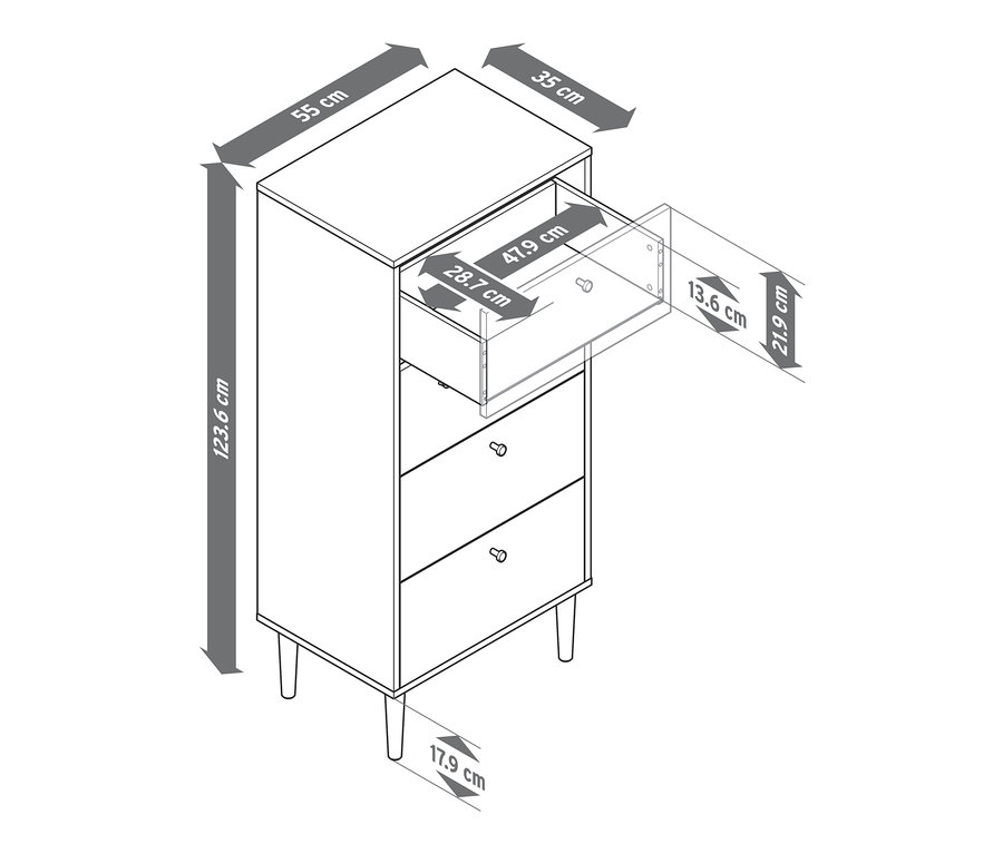 Zeichnung einer schmalen Kommode »Bekeson« in Anthrazit und Weiß mit geöffneter oberster Schublade und Maßangaben.