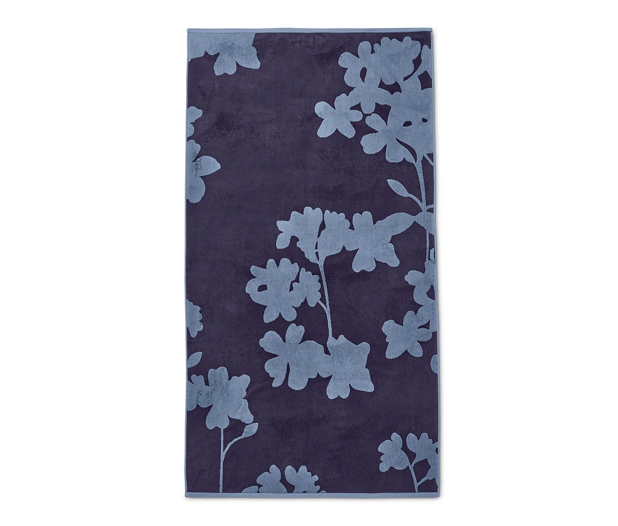 Blaues, extragroßes Jacquard-Badetuch, ca. 100 x 200 cm, mit Blumenmuster.