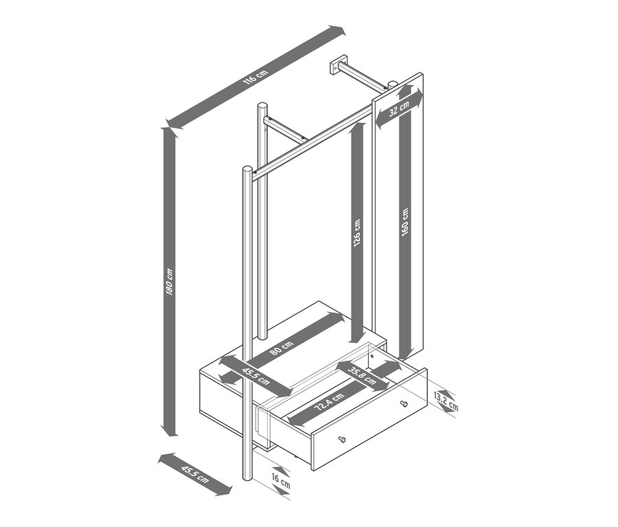 Eine schematische Zeichnung einer Garderobe mit Maßangaben.