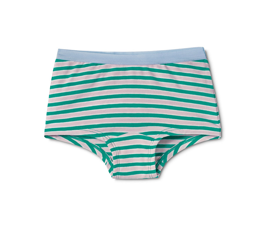 Eine Unterhose mit grünen und blassrosa horizontalen Streifen und hellblauem Bund.