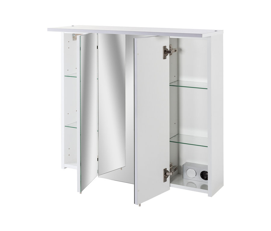 Weißer Spiegelschrank mit offenen Türen und Glasregalen. Spiegelschrank SPS 700.1 »Nora«, weiß und Spiegelschrank SPS 800.1 »Nora«, weiß sind sichtbar.