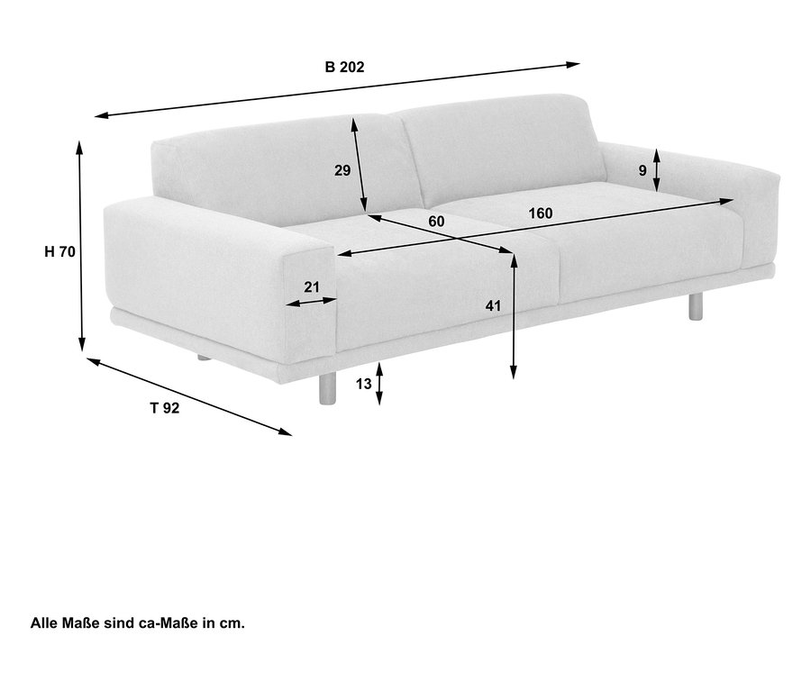 Abmessungen des Sofa 2,5-Sitzer "Penelope" in cm.