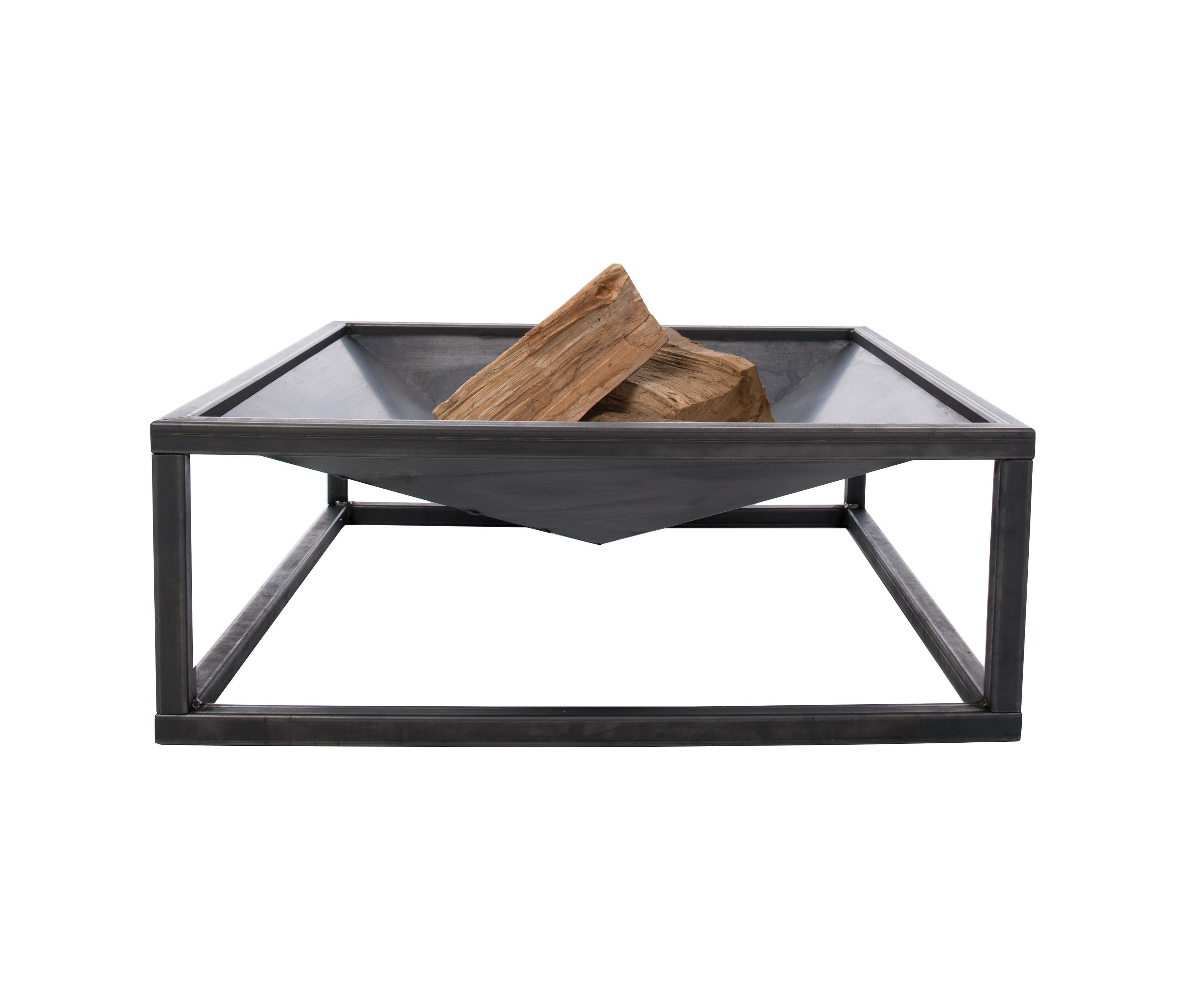 Metallene Feuerschale »TERVO lndustrial« mit eckigem Design und Holzscheiten darin.