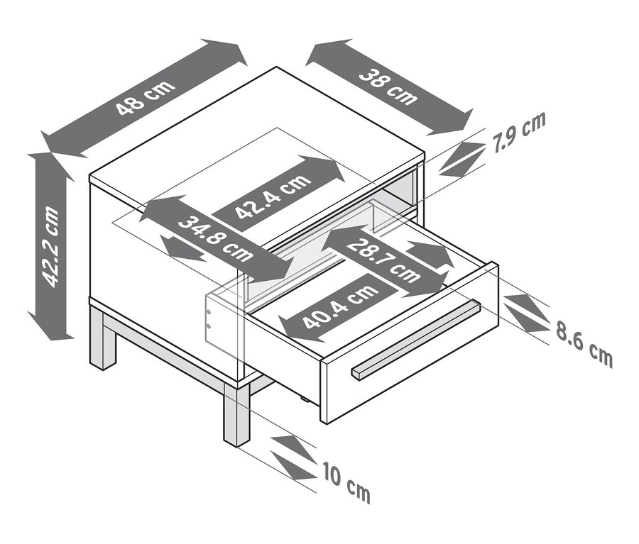 Abmessungen des Nachttischs »Eklund« mit Schublade.