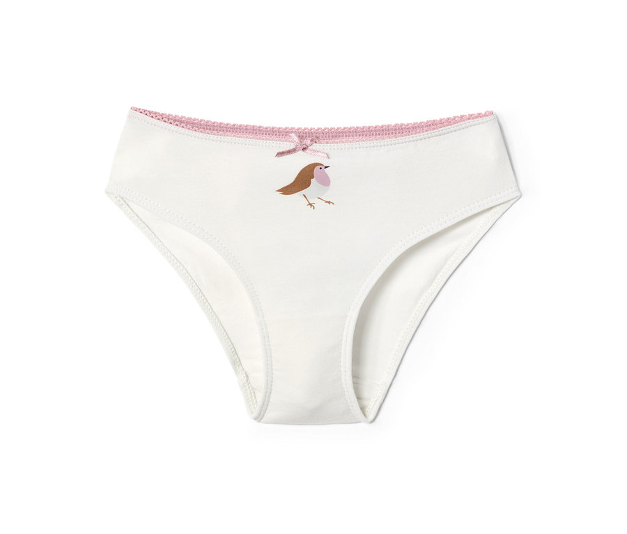 Weisse Mädchen-Slips mit Vogel-Motiv und rosa Schleife. 7 Mädchen-Slips.