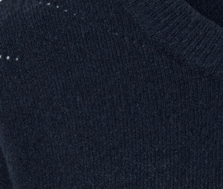 Detailaufnahme eines marineblauen Strickpullovers mit Ajour-Muster.