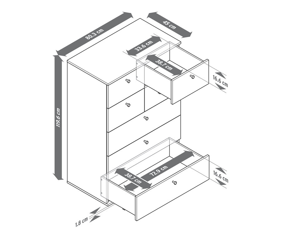 Diagramm einer Kommode mit sechs Schubladen, wobei eine Schublade offen ist und die Innenmaße zeigt.