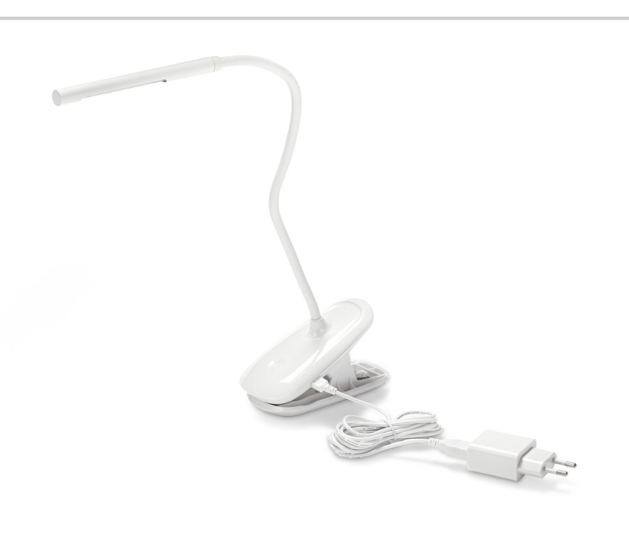 Weiße LED-Klemmleuchte mit Akku.
