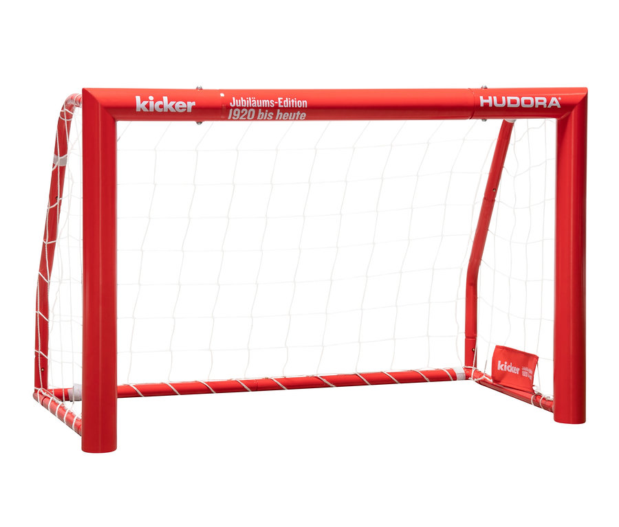 Ein rotes HUDORA-Fußballtor Expert 120 »kicker-Jubiläums-Edition« mit weißem Netz.