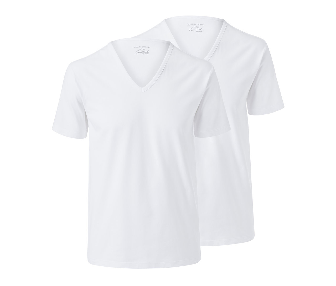 Zwei weiße Jersey-Halbarm-Unterhemden mit V-Ausschnitt liegen übereinander.