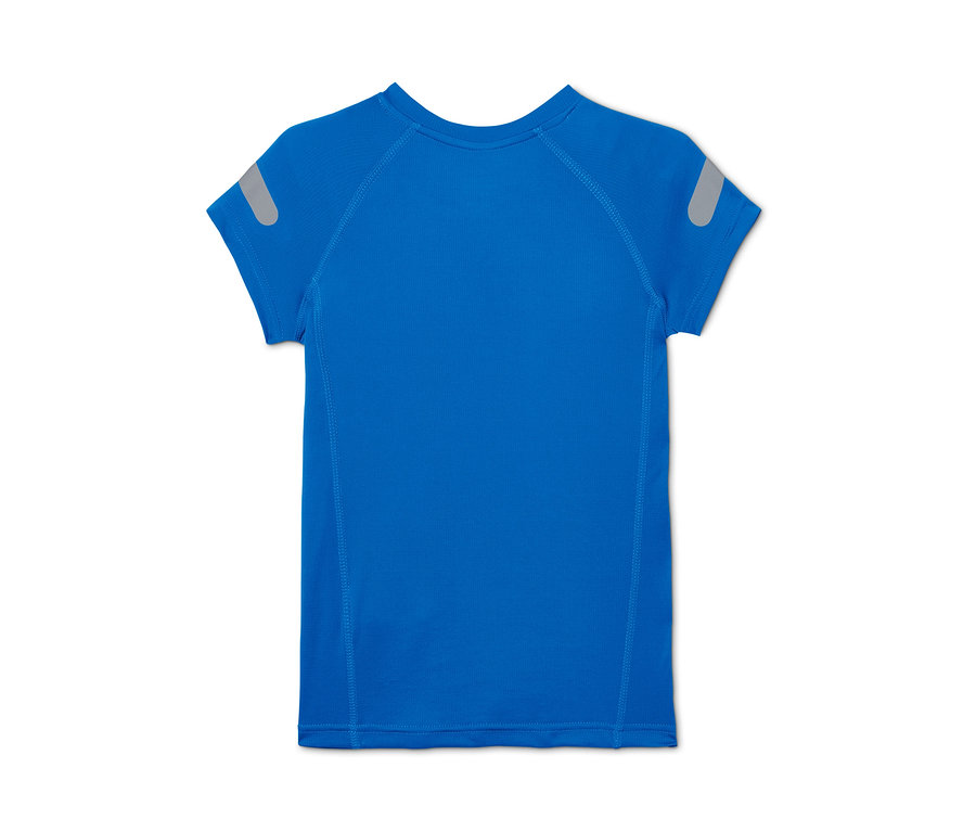 Blaues Kinder-Funktionsshirt aus recyceltem Material mit kurzen Ärmeln.