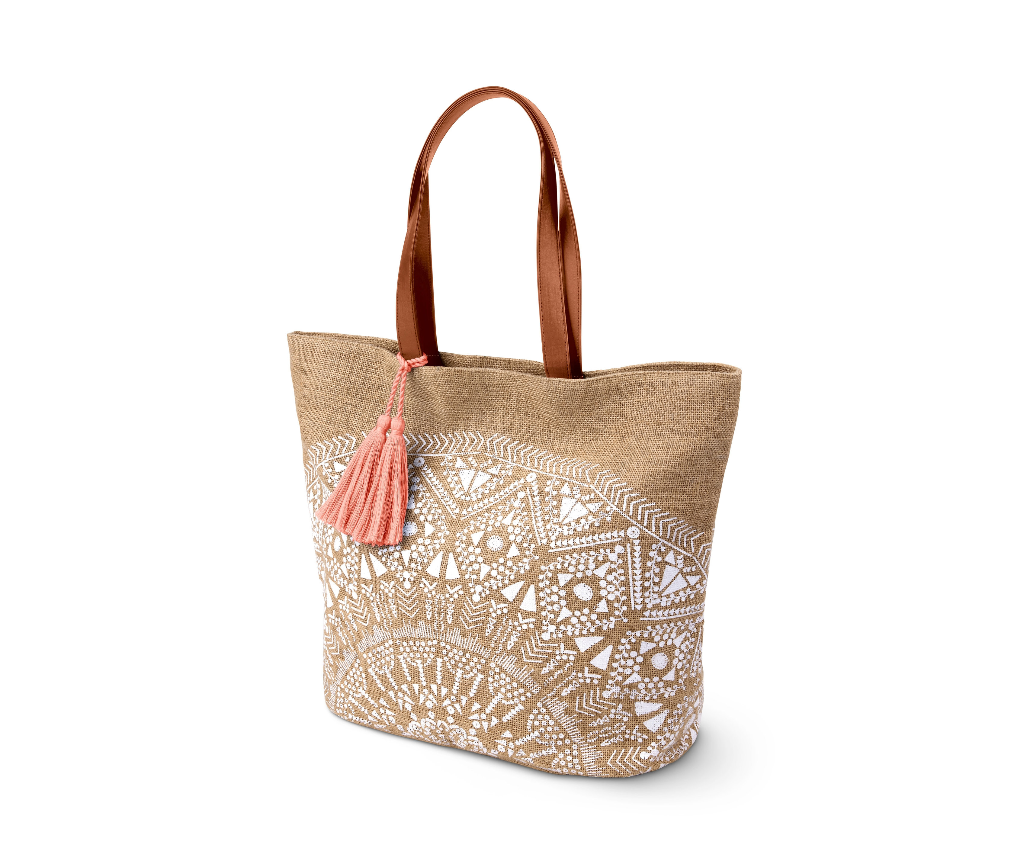 Ein brauner Shopper mit weißem Aufdruck und rosa Quaste.