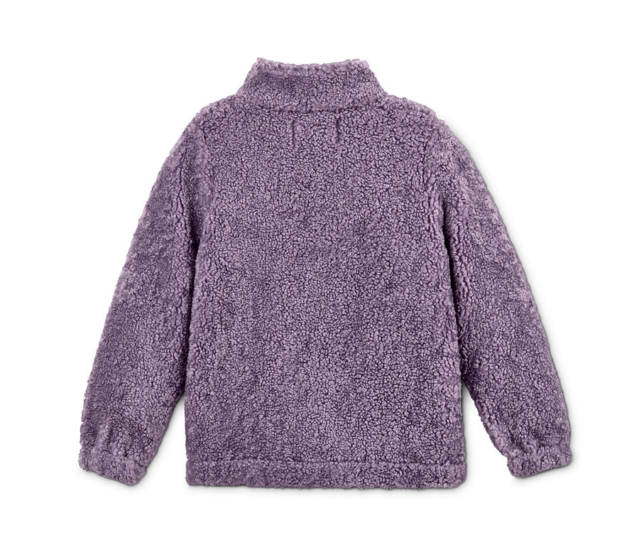 Lila Fleece-Troyer auf weißem Hintergrund.