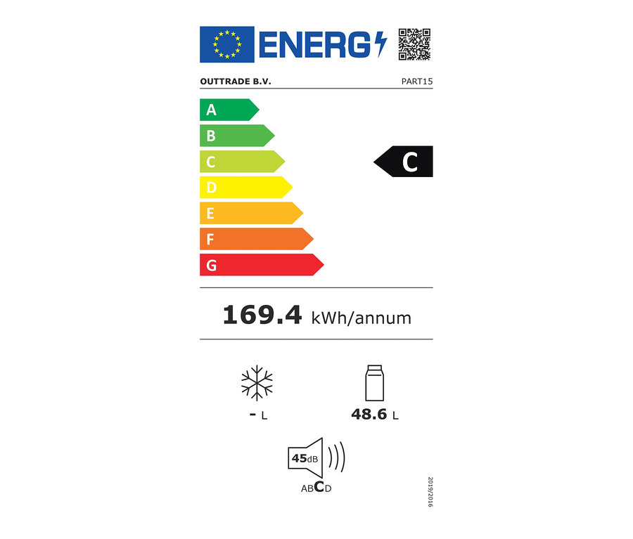 Energieetikett mit der Effizienzklasse C und einem Jahresverbrauch von 169,4 kWh.