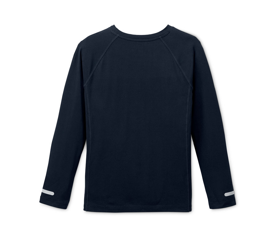 Dunkelblaues Funktionsshirt aus recyceltem Material mit langen Ärmeln und Reflexstreifen an den Ärmeln.