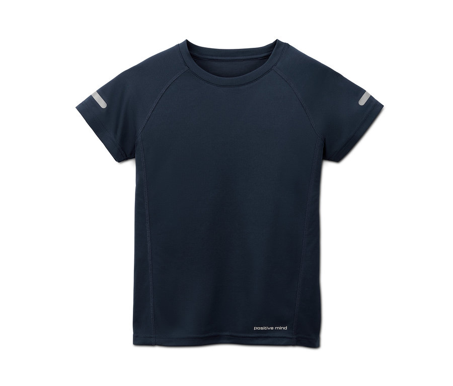 Ein marineblaues Funktionsshirt aus recyceltem Material, 3er Pack, mit kurzen Ärmeln und reflektierenden Streifen an den Ärmeln.