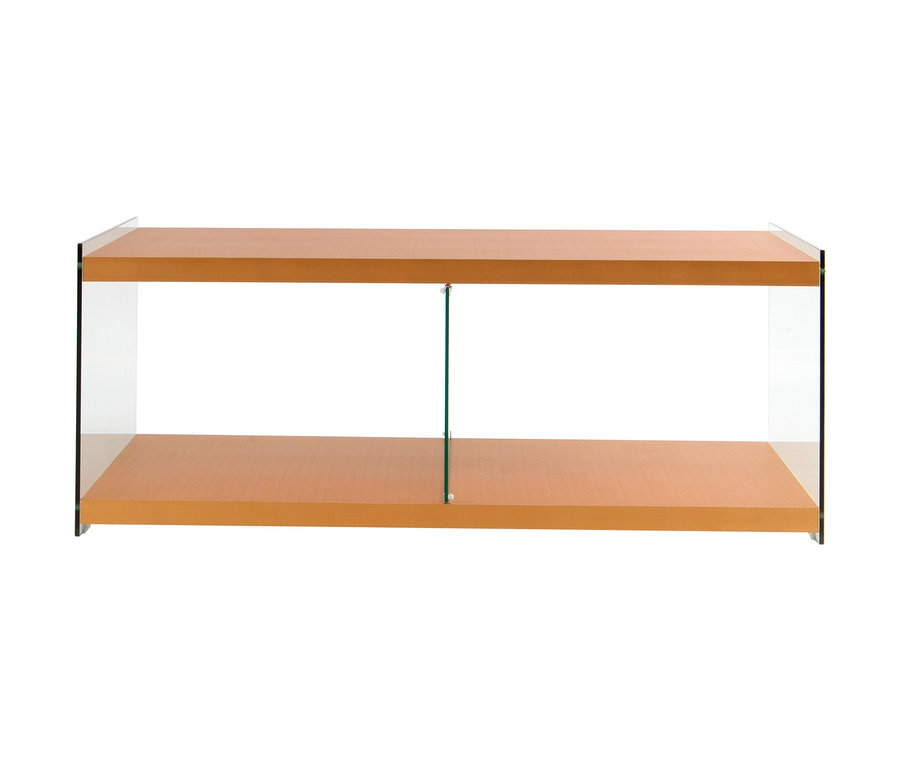 Zwei goldfarbene horizontale Regale mit transparenten Glasseitenwänden und Mittelstütze. Zu sehen ist ein Kayoom TV-Tisch »Elementary 225«.