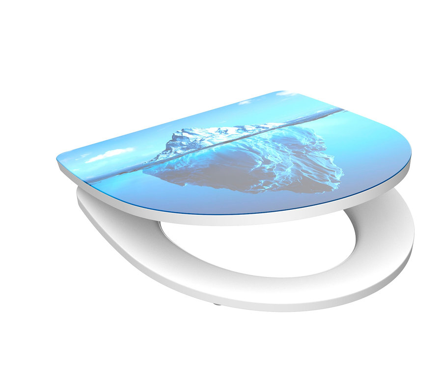 Nahaufnahme eines weißen SCHÜTTE Duroplast-High-Gloss-WC-Sitzes mit einem Eisbergmotiv.
