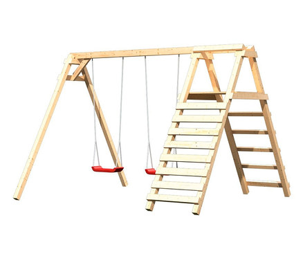 Karibu Doppelschaukel »Felix« mit Klettergerüst aus Holz und roten Sitzen.