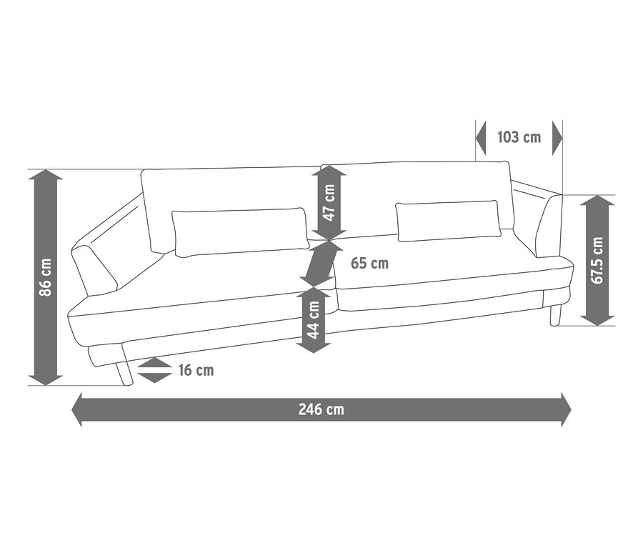 Abmessungen des braunen 3-Sitzer-Sofas mit Hocker.