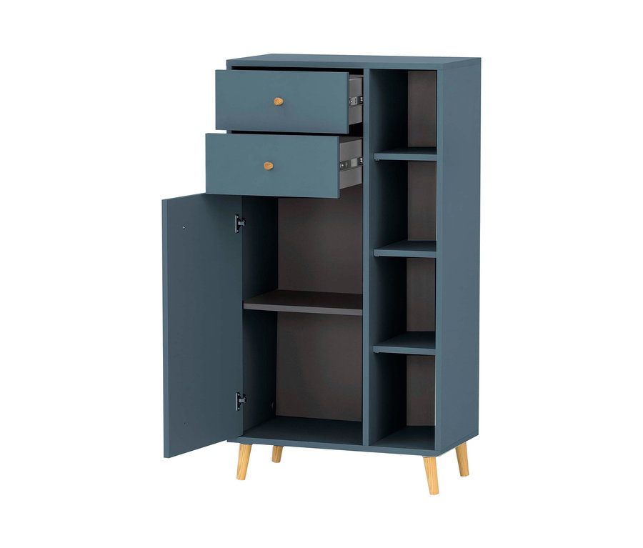 Highboard »Bjarne«, fjordblau, mit offenen Regalen und Schubladen.