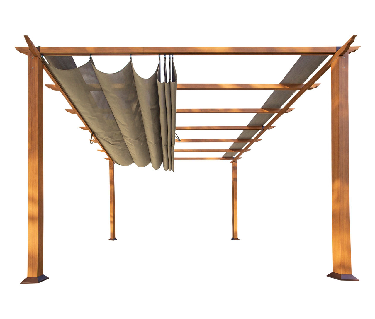 Aluminium-Pergola in Holzoptik, mit verstellbarem Sonnensegel, ca. 350 x 350 cm.
