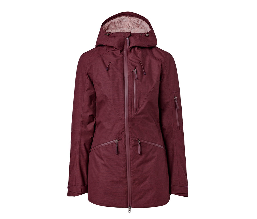 Eine burgunderrote Ski- und Snowboardjacke mit Kapuze.