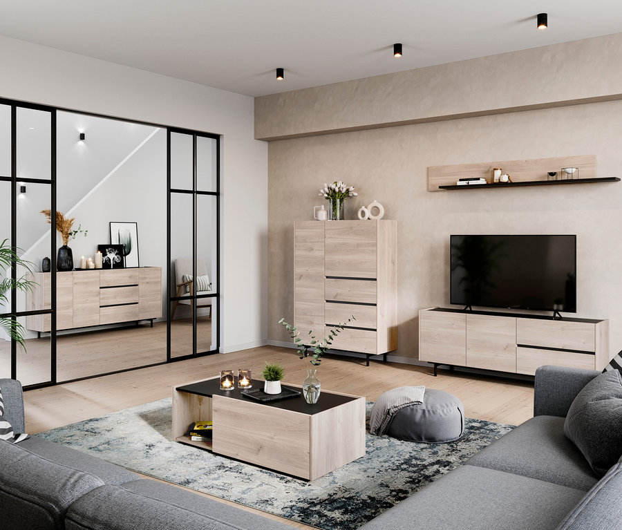 Wohnzimmer mit grauem Sofa, Couchtisch »Cantoria«, Fernseher, Sideboard »Cantoria«, Lowboard »Cantoria«, Wandboard »Cantoria« und Highboard »Cantoria«.