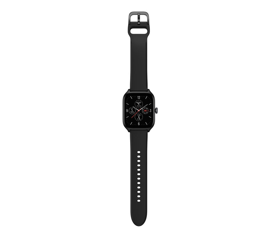 Eine schwarze Smartwatch mit rechteckigem Display und schwarzem Armband. Amazfit GTS 4 Smartwatch, Infinity Black.