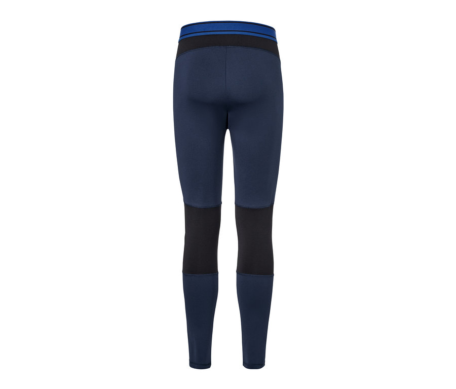 Nahaufnahme der Thermo-Funktionsunterhose in Blau mit schwarzen Knieeinsätzen.