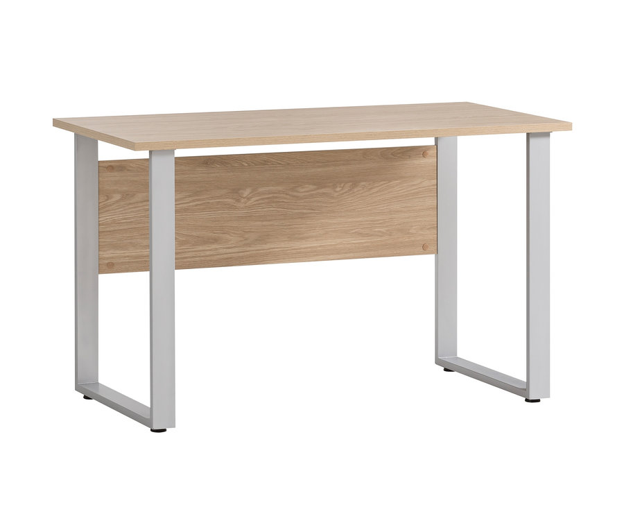 Schreibtisch »Antero« mit heller Holzplatte und grauem Metallgestell.