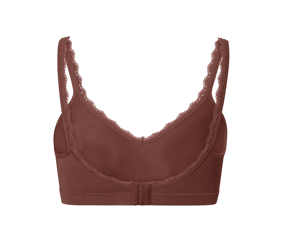 Detailansicht des braunen Seamless-Soft-BH mit Spitzenrand.