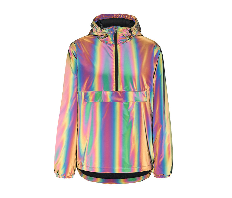 Regenbogenfarbener, reflektierender Windbreaker mit Kapuze und schwarzem Reißverschluss.