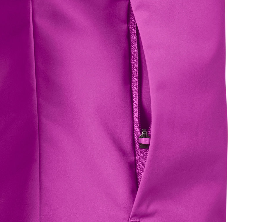Detailansicht einer neonbeerenfarbenen Windprotection-Laufjacke mit Reißverschlusstasche.