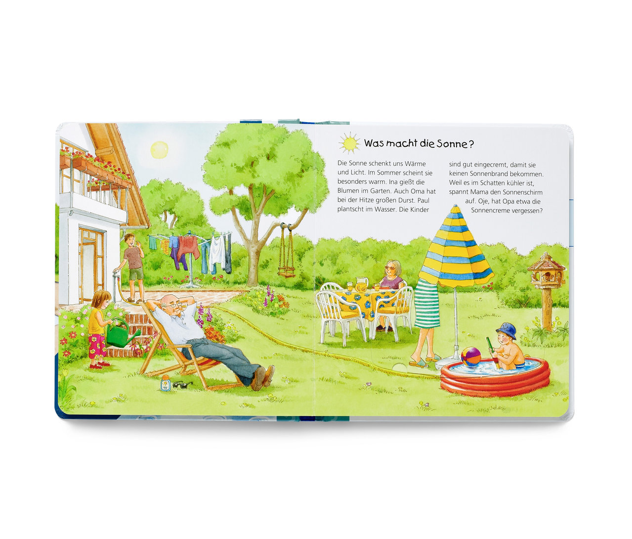 Illustration einer Familie im Freien; ein Mädchen giesst Blumen, ein Mann liegt entspannt auf einer Liege, ein Junge spielt im Wasser. Buch: »Sonne, Wind und Regen«.