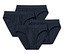 Vier dunkelblaue Slips liegen auf einem weißen Hintergrund.