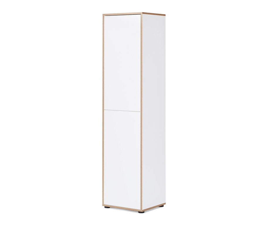 Ein hoher, weißer Büroschrank mit Furnierkante.