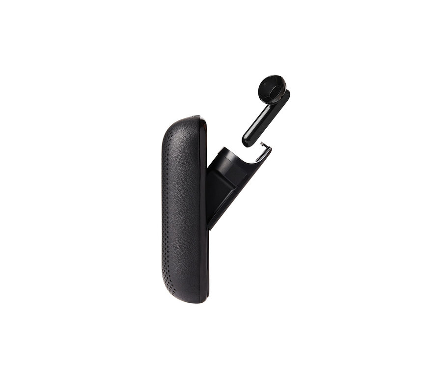Schwarzes Kopfhörer-Etui mit einem Lexon SPEAKER BUDS TWS-Kopfhörer.