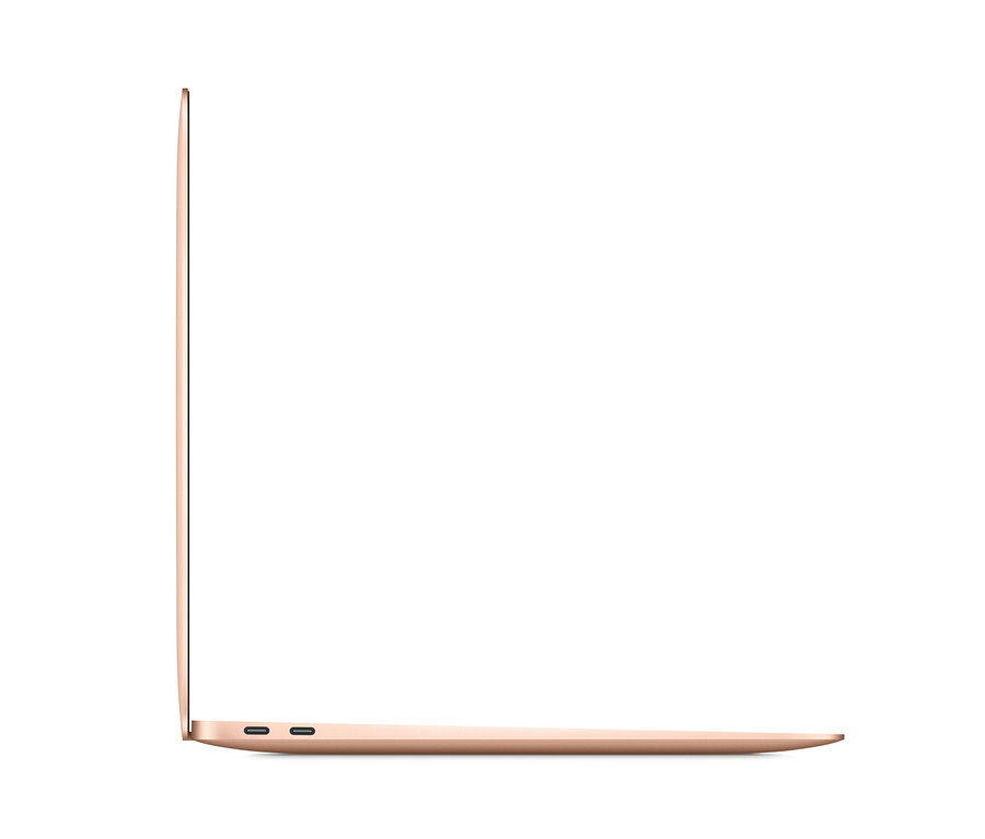 Seitenansicht eines geschlossenen, goldfarbenen Laptops. Apple Macbook Air Retina 13", 2020, goldfarben.