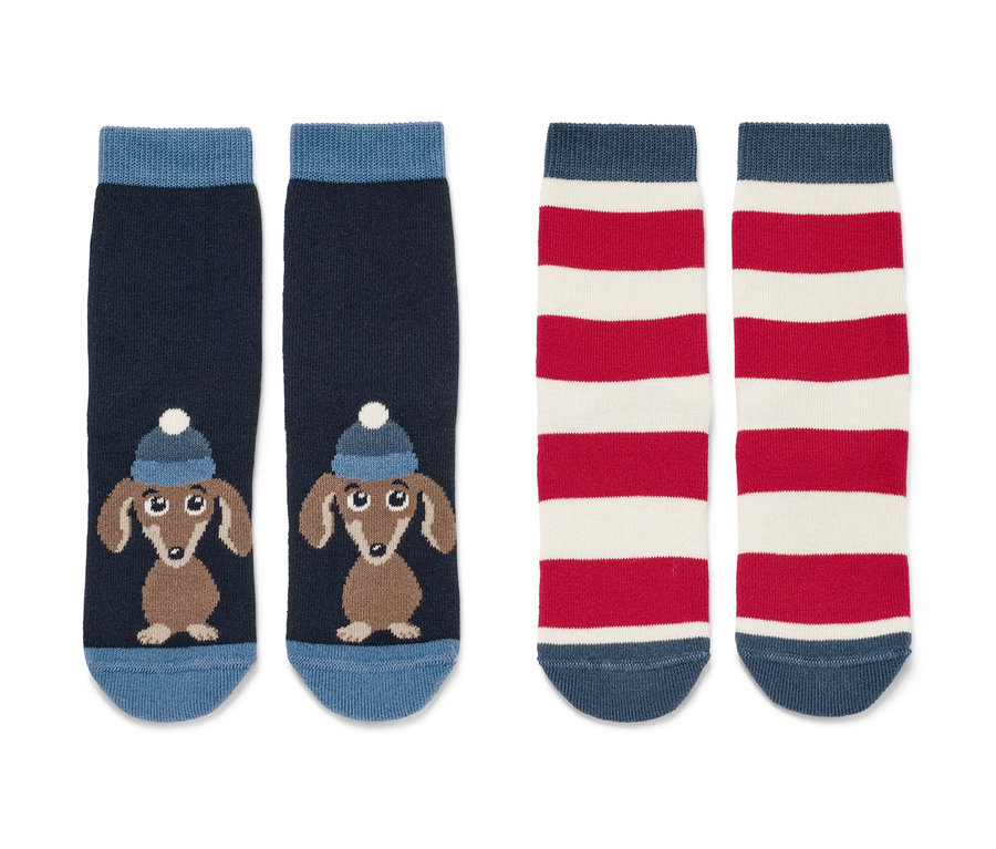 Zwei Paar Kindersocken. Einmal dunkelblau mit einem gezeichneten Hund mit blauer Mütze, einmal rot-weiß gestreift.
