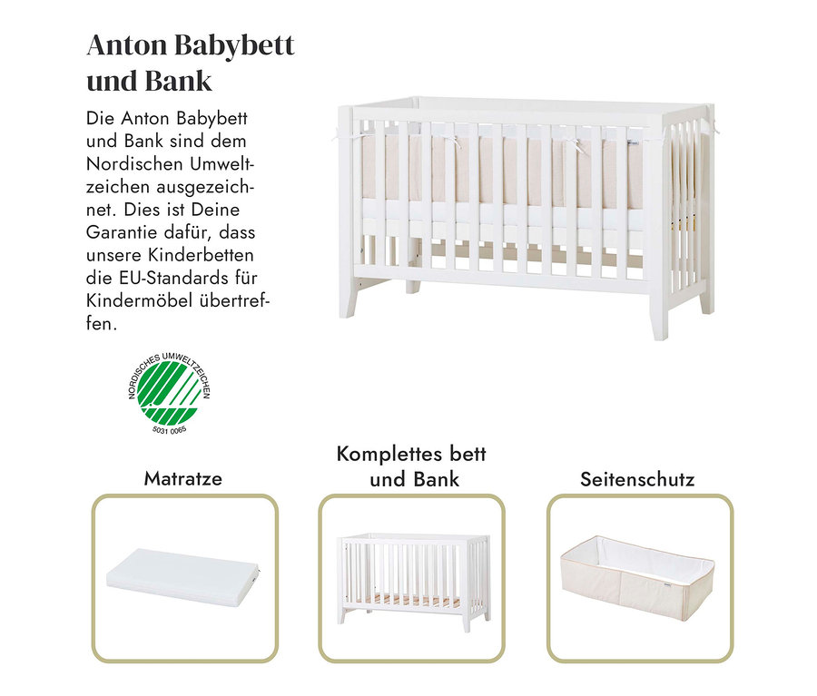 Weißes Hoppekids Babybett »Anton« mit beiger Füllung.