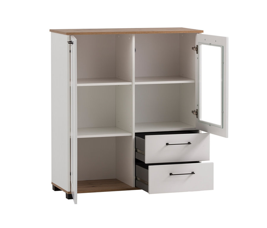 Highboard »Jelda« mit geöffneter Tür und Schubladen.