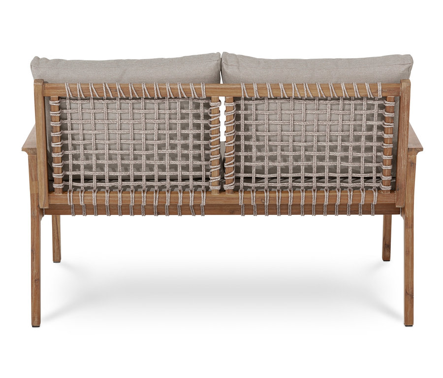Rückansicht eines Lounge-Sets mit Textilgeflecht und beigen Kissen.