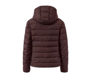 Dunkelbraune Steppjacke mit Kapuze von hinten.