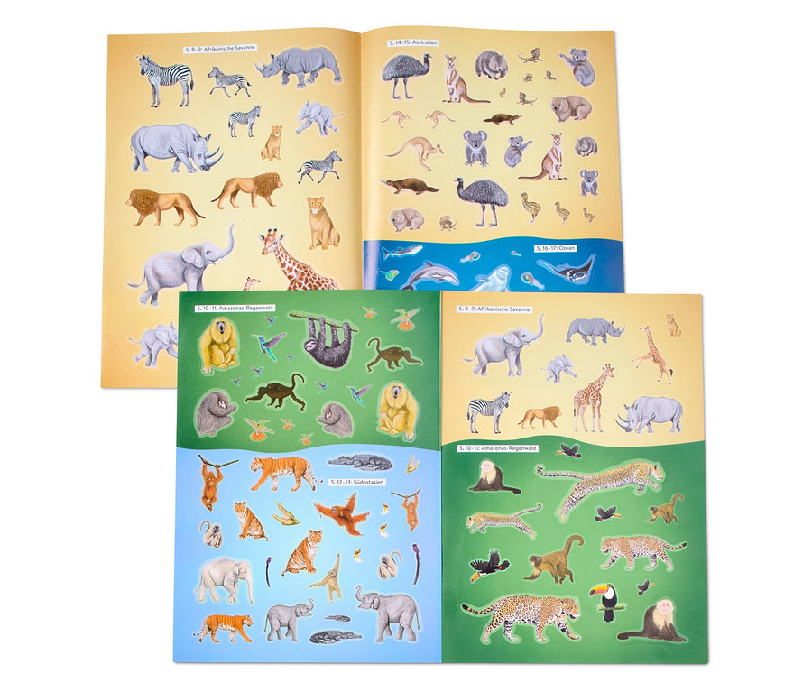 Offenes Stickerbuch »Faszierende Stickerwelt – wilde Tiere« mit Tierbildern.