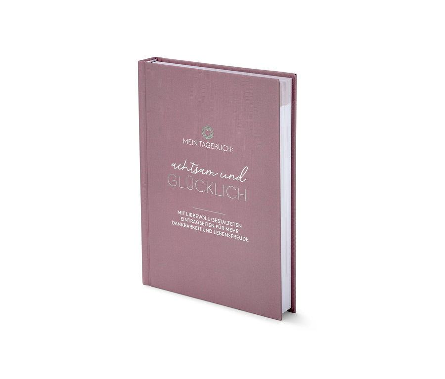Ein geschlossenes Buch mit dem Titel „Mein Tagebuch – achtsam und Glücklich“.