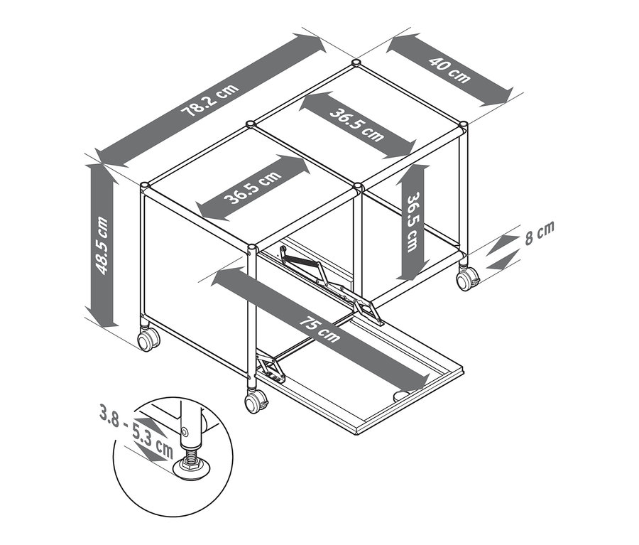 Illustration eines weißen Metall Beistelltischs »CN3« mit einem Klappfach und Rollen, perspektivisch dargestellt mit Maßangaben.