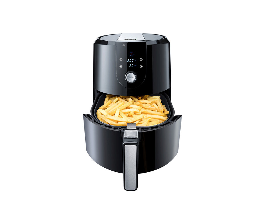 Schwarze Steba Heißluftfritteuse HF 5000 voll mit Pommes.