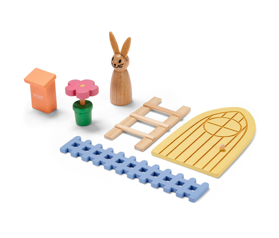 Oster-Wichteltür-Set: Holzzwerg, Tür, Leiter, Zaun, Blume und Briefkasten.