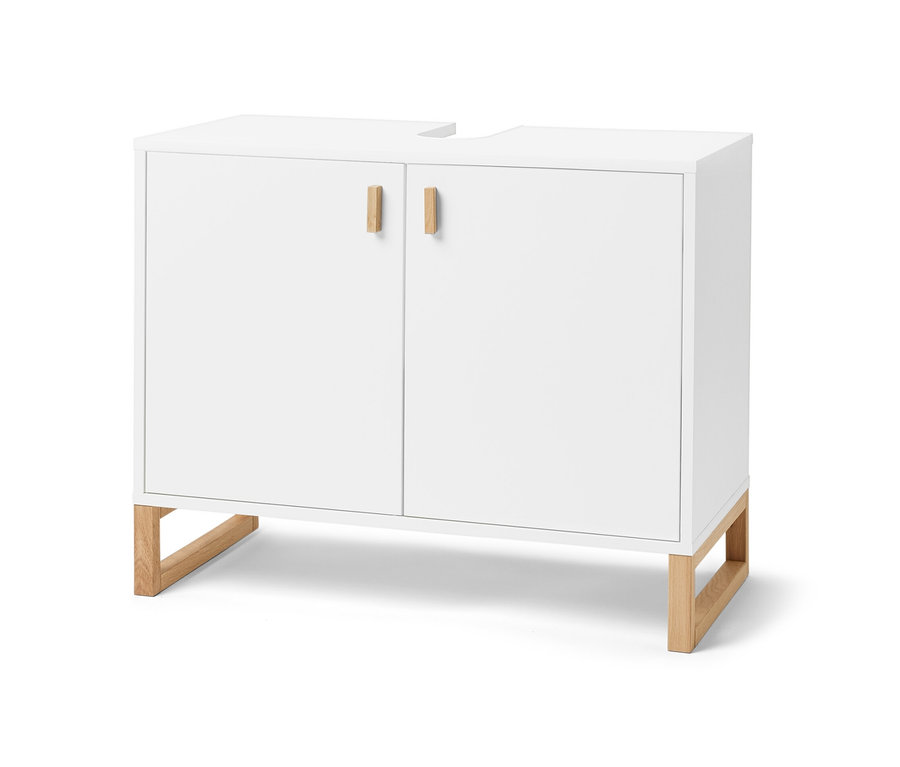 Ein weißer Waschbeckenunterschrank mit zwei Türen und hellen Holzfüßen.